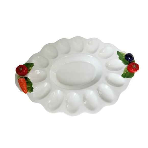 Vintage Italian Pottery Deviled Egg Trays White w/ Porcelain Vegetables on Ends - Picture 3 of 6